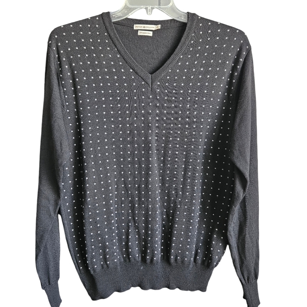 Peter Millar Men's Black with White Dots V-neck‎ 100% Merino Wool Sz Medium